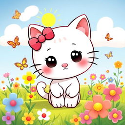 A cute and whimsical illustration of a cartoon cat resembling Hello Kitty, with large round eyes, a small nose, and a red bow on her left ear