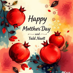 An abstract interpretation of a celebration merging Mother's Day and Yalda Night, featuring vibrant and rich colors that evoke warmth and love