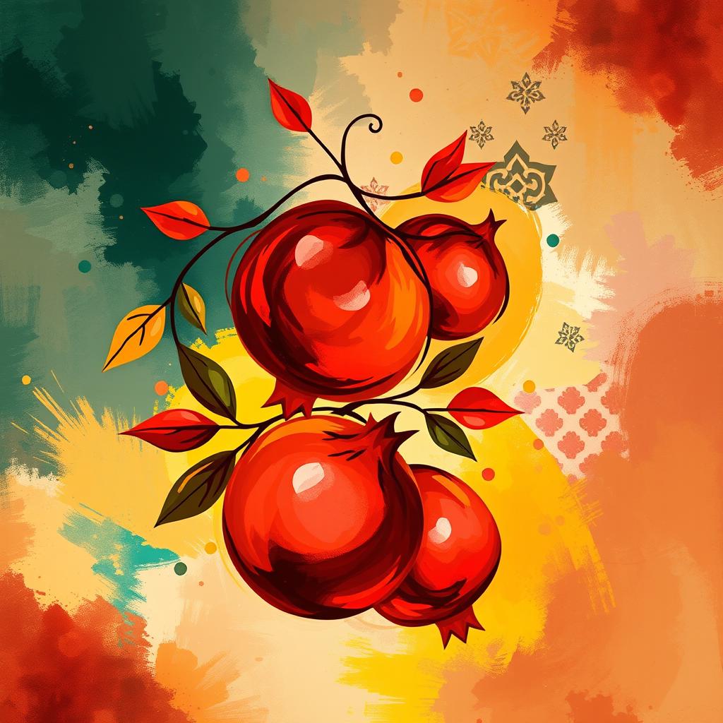 An abstract interpretation of a celebration merging Mother's Day and Yalda Night, featuring vibrant and rich colors that evoke warmth and love