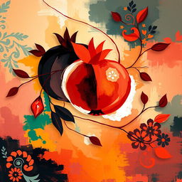 An abstract interpretation of a celebration merging Mother's Day and Yalda Night, featuring vibrant and rich colors that evoke warmth and love