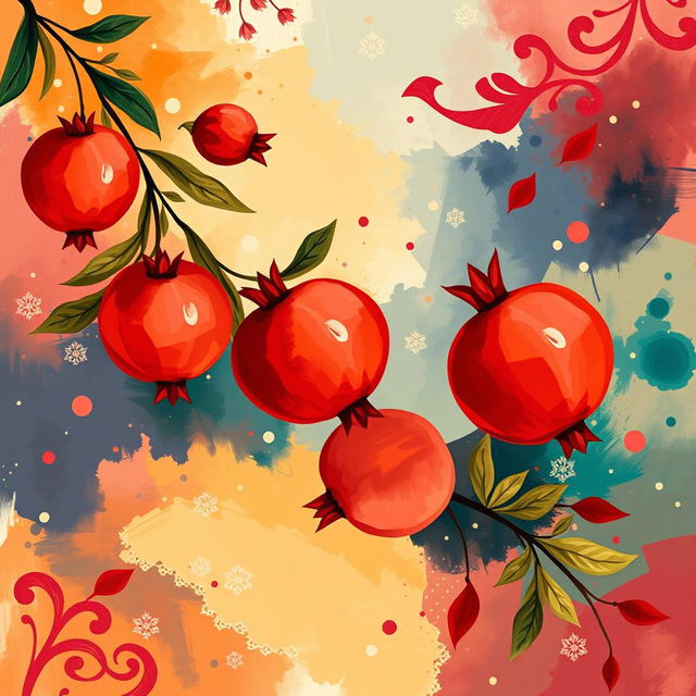 An abstract interpretation of a celebration merging Mother's Day and Yalda Night, featuring vibrant and rich colors that evoke warmth and love