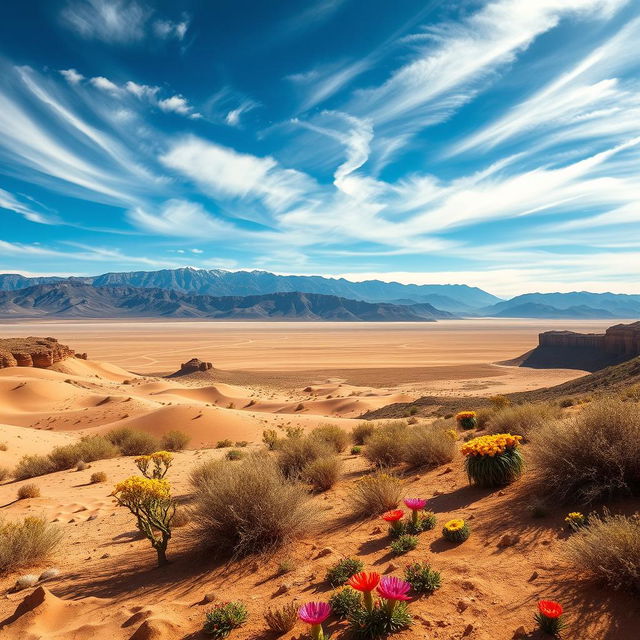 A stunning panoramic view of the Peruvian desert landscape surrounding the Nazca Lines, characterized by vast stretches of arid terrain and stunning geological formations