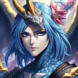 A male Final Fantasy Au Ra character, featuring medium length blue hair flowing gracefully, glistening blue scales adorning his skin, and a prominent single dragon horn majestically protruding from the middle of his forehead