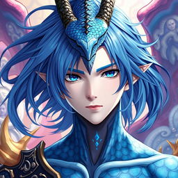 A male Final Fantasy Au Ra character, featuring medium length blue hair flowing gracefully, glistening blue scales adorning his skin, and a prominent single dragon horn majestically protruding from the middle of his forehead
