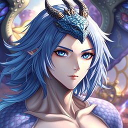 A male Final Fantasy Au Ra character, featuring medium length blue hair flowing gracefully, glistening blue scales adorning his skin, and a prominent single dragon horn majestically protruding from the middle of his forehead