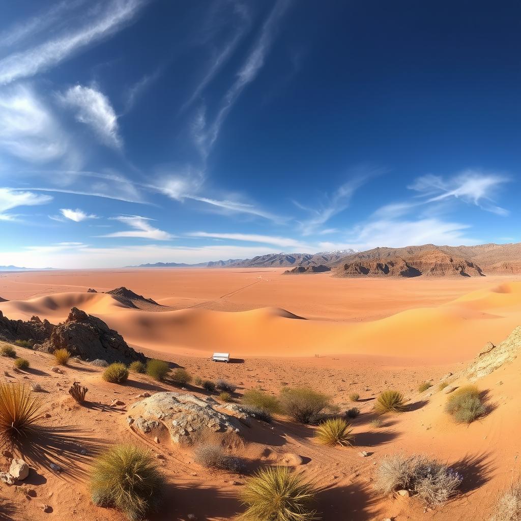 A breathtaking panoramic view of the Peruvian desert landscape, featuring the vast arid expanse surrounding the iconic Nazca Lines