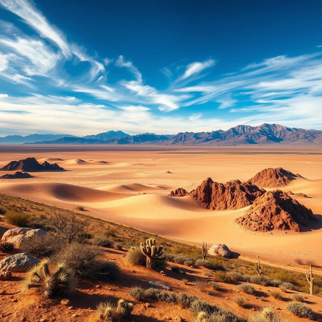 A breathtaking panoramic view of the Peruvian desert landscape, featuring the vast arid expanse surrounding the iconic Nazca Lines