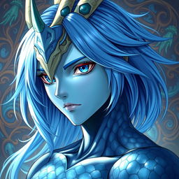A male Final Fantasy Au Ra character, featuring medium length flowing blue hair, shimmering blue scales across his skin, and a distinctive single dragon horn elegantly rising from the center of his forehead