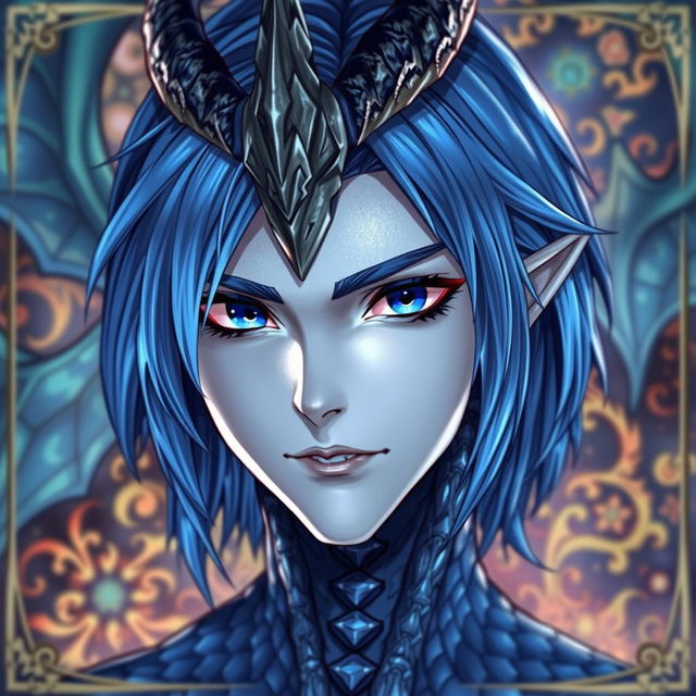 A male Final Fantasy Au Ra character, featuring medium length flowing blue hair, shimmering blue scales across his skin, and a distinctive single dragon horn elegantly rising from the center of his forehead