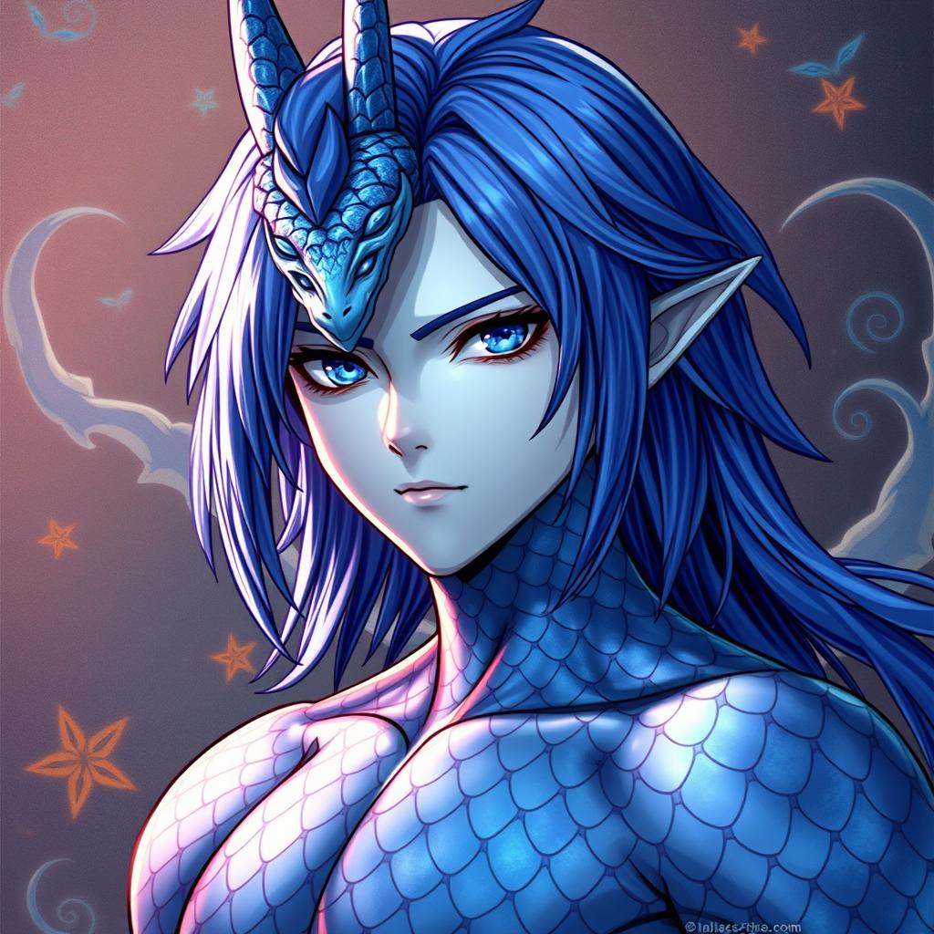 A male Final Fantasy Au Ra character, featuring medium length flowing blue hair, shimmering blue scales across his skin, and a distinctive single dragon horn elegantly rising from the center of his forehead