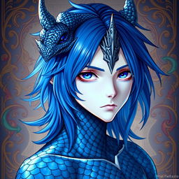 A male Final Fantasy Au Ra character, featuring medium length flowing blue hair, shimmering blue scales across his skin, and a distinctive single dragon horn elegantly rising from the center of his forehead