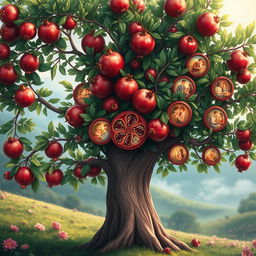 A whimsical and surreal image of a mother depicted as a pomegranate tree, rich with colorful fruits and lush green leaves