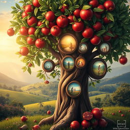 A whimsical and surreal image of a mother depicted as a pomegranate tree, rich with colorful fruits and lush green leaves