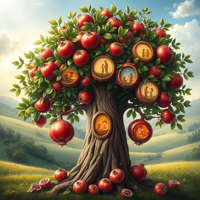 A whimsical and surreal image of a mother depicted as a pomegranate tree, rich with colorful fruits and lush green leaves