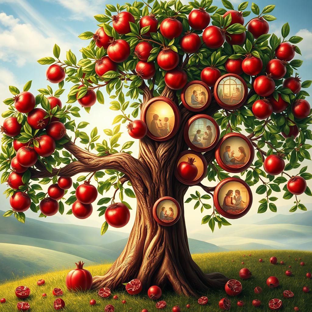A whimsical and surreal image of a mother depicted as a pomegranate tree, rich with colorful fruits and lush green leaves