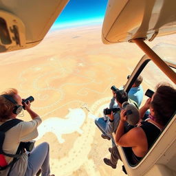 A dynamic aerial view of researchers analyzing the Nazca Lines from a small aircraft, capturing the excitement of this scientific exploration