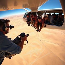 A dynamic aerial view of researchers analyzing the Nazca Lines from a small aircraft, capturing the excitement of this scientific exploration