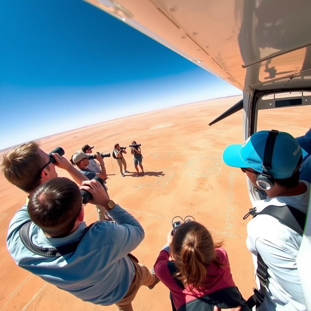 A dynamic aerial view of researchers analyzing the Nazca Lines from a small aircraft, capturing the excitement of this scientific exploration