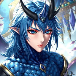 A male Final Fantasy Au Ra character, featuring medium length blue hair that flows elegantly, striking blue scales covering his body, and a single distinctive horn prominently placed in the center of his forehead