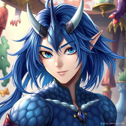A male Final Fantasy Au Ra character, featuring medium length blue hair that flows elegantly, striking blue scales covering his body, and a single distinctive horn prominently placed in the center of his forehead