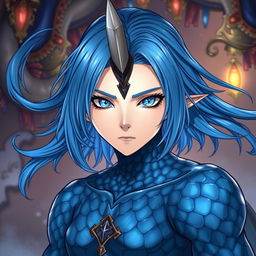 A male Final Fantasy Au Ra character, featuring medium length blue hair that flows elegantly, striking blue scales covering his body, and a single distinctive horn prominently placed in the center of his forehead