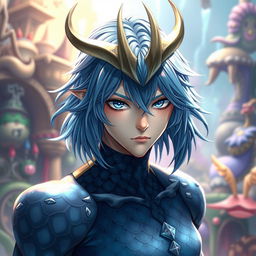 A male Final Fantasy Au Ra character, showcasing medium length blue hair that flows elegantly, adorned with blue scales that cover his body, and a prominent single horn positioned in the center of his forehead