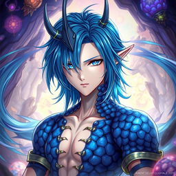A male Final Fantasy Au Ra character, showcasing medium length blue hair that flows elegantly, adorned with blue scales that cover his body, and a prominent single horn positioned in the center of his forehead