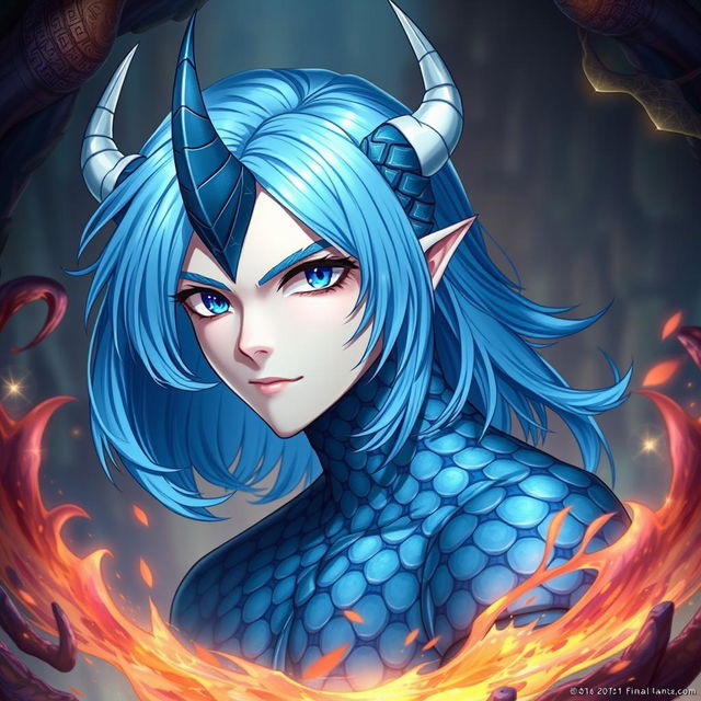 A male Final Fantasy Au Ra character, showcasing medium length blue hair that flows elegantly, adorned with blue scales that cover his body, and a prominent single horn positioned in the center of his forehead