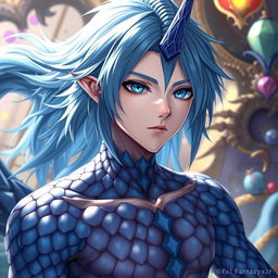 A male Final Fantasy Au Ra character, showcasing medium length blue hair that flows elegantly, adorned with blue scales that cover his body, and a prominent single horn positioned in the center of his forehead