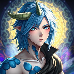 A male Final Fantasy Au Ra character, showcasing medium length blue hair that cascades softly around him, with distinctive patches of blue scales adorning his skin