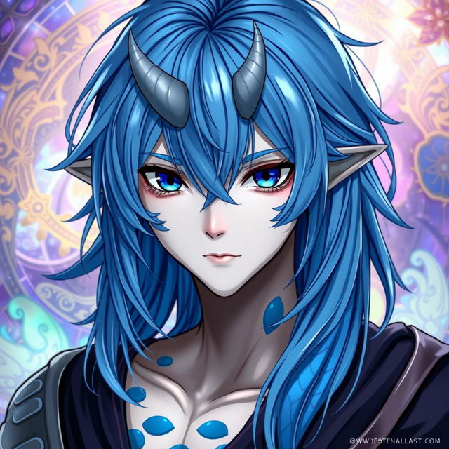 A male Final Fantasy Au Ra character, showcasing medium length blue hair that cascades softly around him, with distinctive patches of blue scales adorning his skin