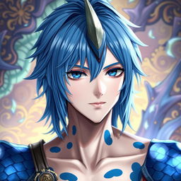 A male Final Fantasy Au Ra character, showcasing medium length blue hair that cascades softly around him, with distinctive patches of blue scales adorning his skin