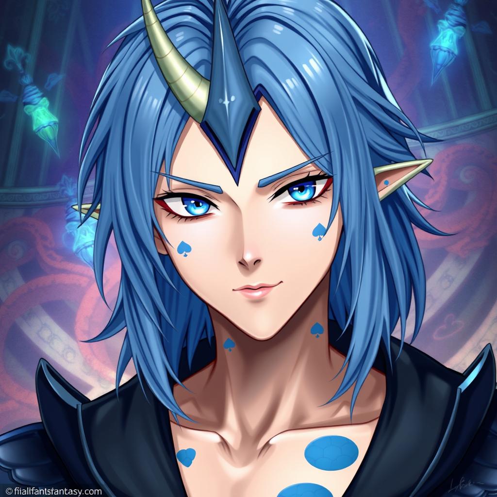 A male Final Fantasy Au Ra character, showcasing medium length blue hair that cascades softly around him, with distinctive patches of blue scales adorning his skin