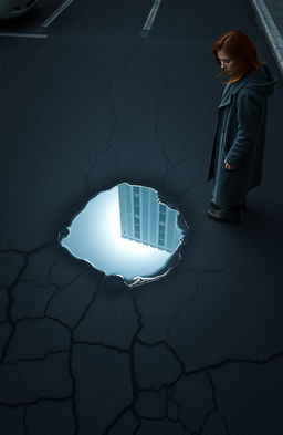 A small puddle centered in a cracked blacktop parking lot, reflecting a large building partially visible, illuminated by a bright white light that resembles the sun, covering the building's length