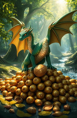 A majestic dragon perched atop a pile of shiny, golden nuts, prominently featuring nutmeg among them