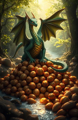 A majestic dragon perched atop a pile of shiny, golden nuts, prominently featuring nutmeg among them