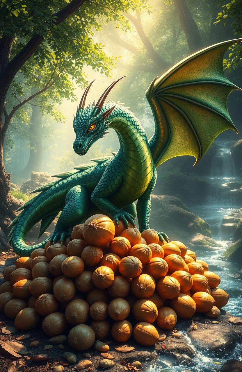 A majestic dragon perched atop a pile of shiny, golden nuts, prominently featuring nutmeg among them