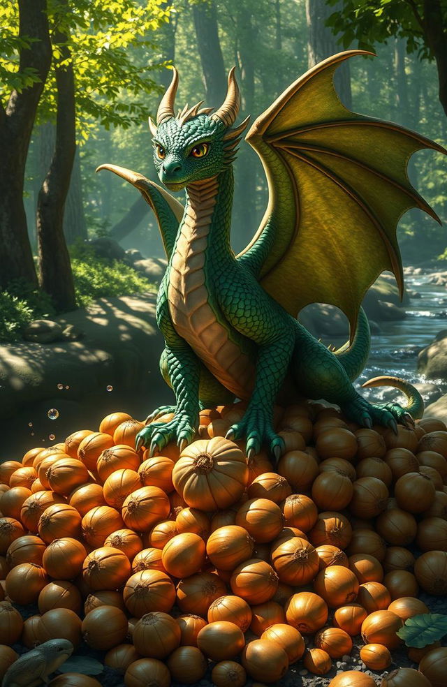 A majestic dragon perched atop a pile of shiny, golden nuts, prominently featuring nutmeg among them