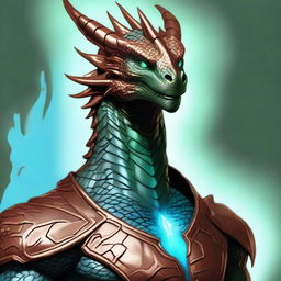 A superior quality dyd style digital art portraying a humanoid bronze dragon, his copper-colored scales casting a light blue sheen