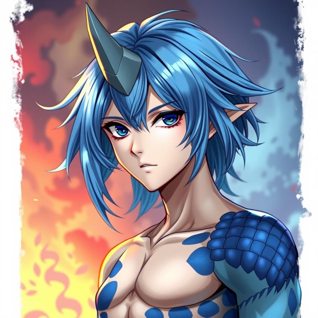A male Final Fantasy Au Ra character, showcasing medium length blue hair that flows gracefully, with patches of striking blue scales covering various parts of his body