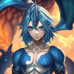 A male Final Fantasy Au Ra character, showcasing medium length blue hair that flows gracefully, with patches of striking blue scales covering various parts of his body