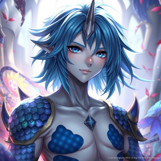 A male Final Fantasy Au Ra character, showcasing medium length blue hair that flows gracefully, with patches of striking blue scales covering various parts of his body