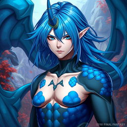 A male Final Fantasy Au Ra character, showcasing medium length blue hair that flows gracefully, with patches of striking blue scales covering various parts of his body
