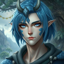 A male Au Ra character, featuring medium length blue hair that elegantly frames his face, adorned with patches of blue scales highlighting his unique heritage