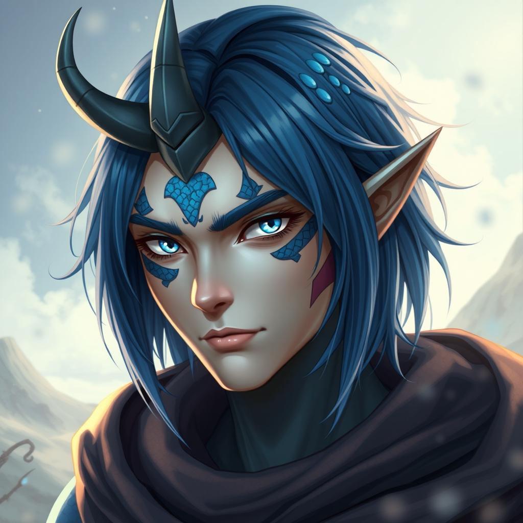 A male Au Ra character, featuring medium length blue hair that elegantly frames his face, adorned with patches of blue scales highlighting his unique heritage