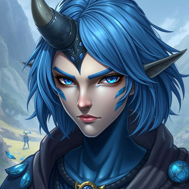 A male Au Ra character, featuring medium length blue hair that elegantly frames his face, adorned with patches of blue scales highlighting his unique heritage
