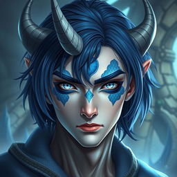 A male Au Ra character, featuring medium length blue hair that elegantly frames his face, adorned with patches of blue scales highlighting his unique heritage