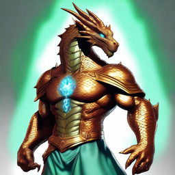 A superior quality dyd style digital art portraying a humanoid bronze dragon, his copper-colored scales casting a light blue sheen