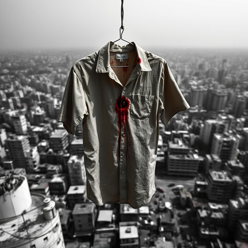 A graphic design poster featuring a much blood-stained beige shirt, with a bullet hole going through it, hanging on a rope from a rooftop