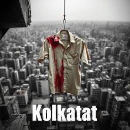 A graphic design poster featuring a much blood-stained beige shirt, with a bullet hole going through it, hanging on a rope from a rooftop